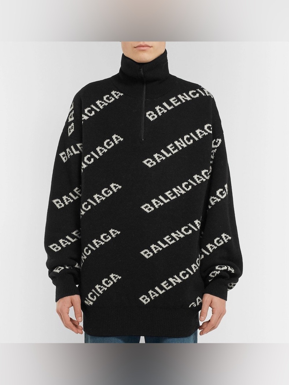 Balenciaga Oversized Logo-Intarsia Half-Zip Sweater in Black/Ivory, Size Large